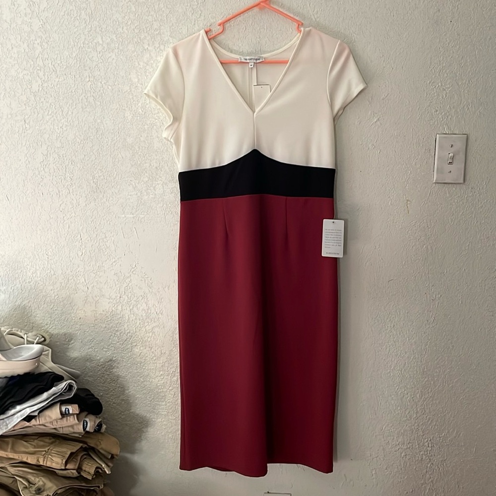 The Vanity Room Cream, Black, and Maroon Dress